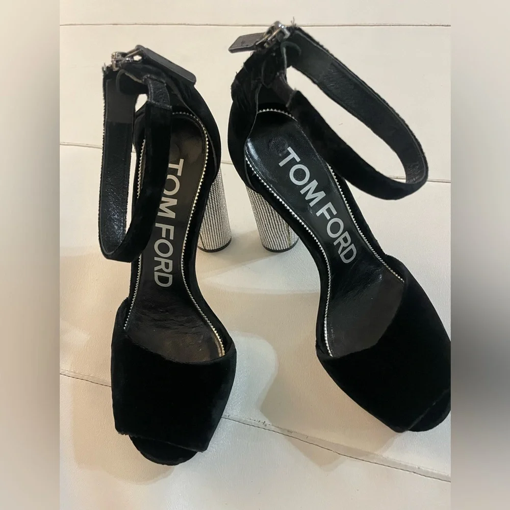 TOM FORD Black Velvet Crystal Holiday Platform Sandals 39